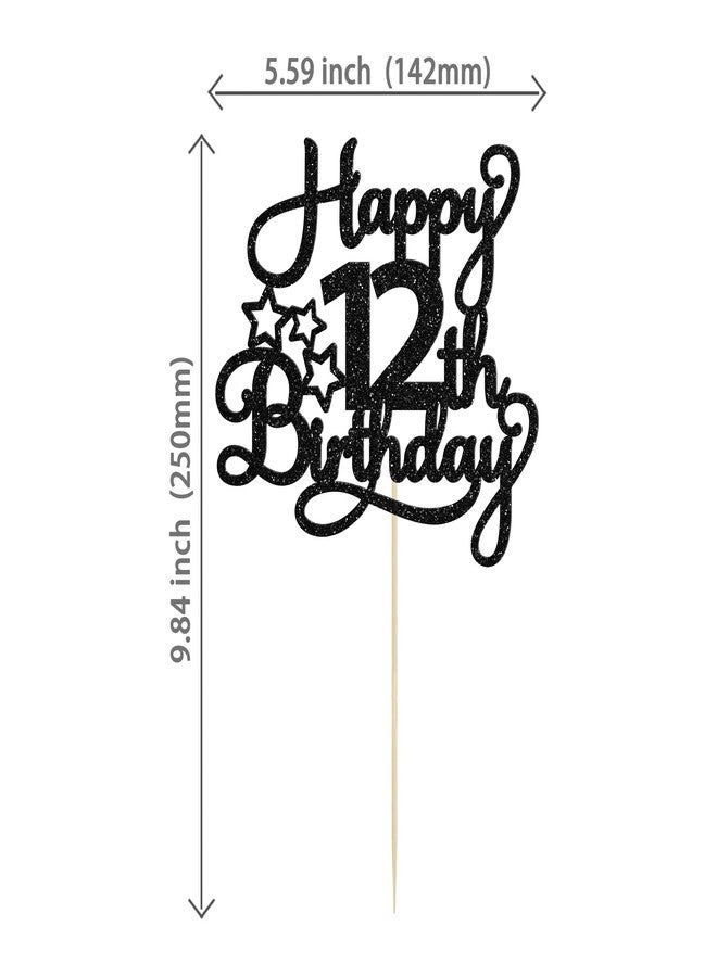 Ephlyn 1 Pack Happy 12th Birthday Cake Topper Glitter Heart Star 12 Fabulous Cake Pick Birthday Sign Cake Decorations for Children 12th Birthday Theme Party Supplies Black - Image 2